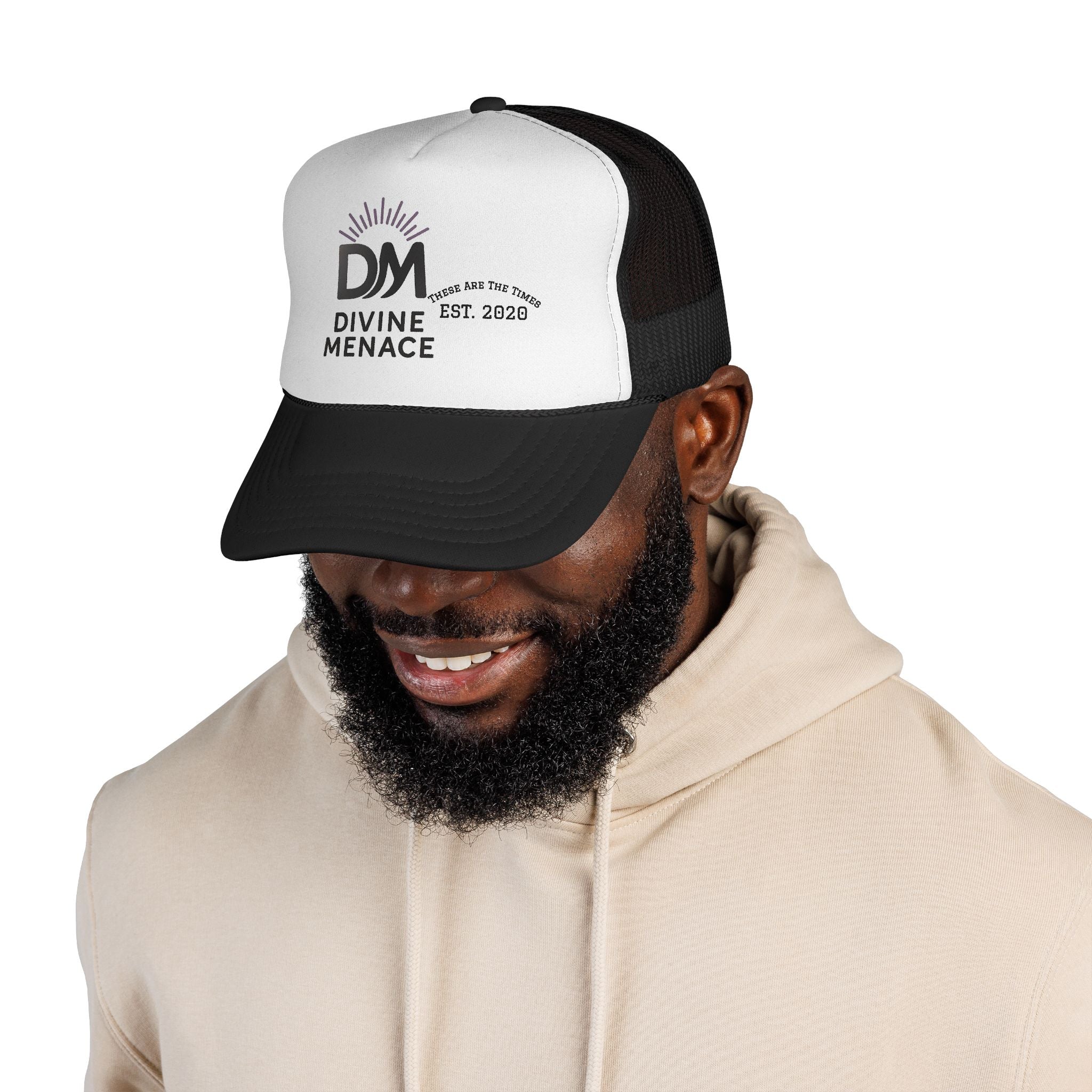 Divine Menace Trucker Cap - Bold Logo Hat, Unisex Streetwear Snapback, Festival & Everyday Essential
