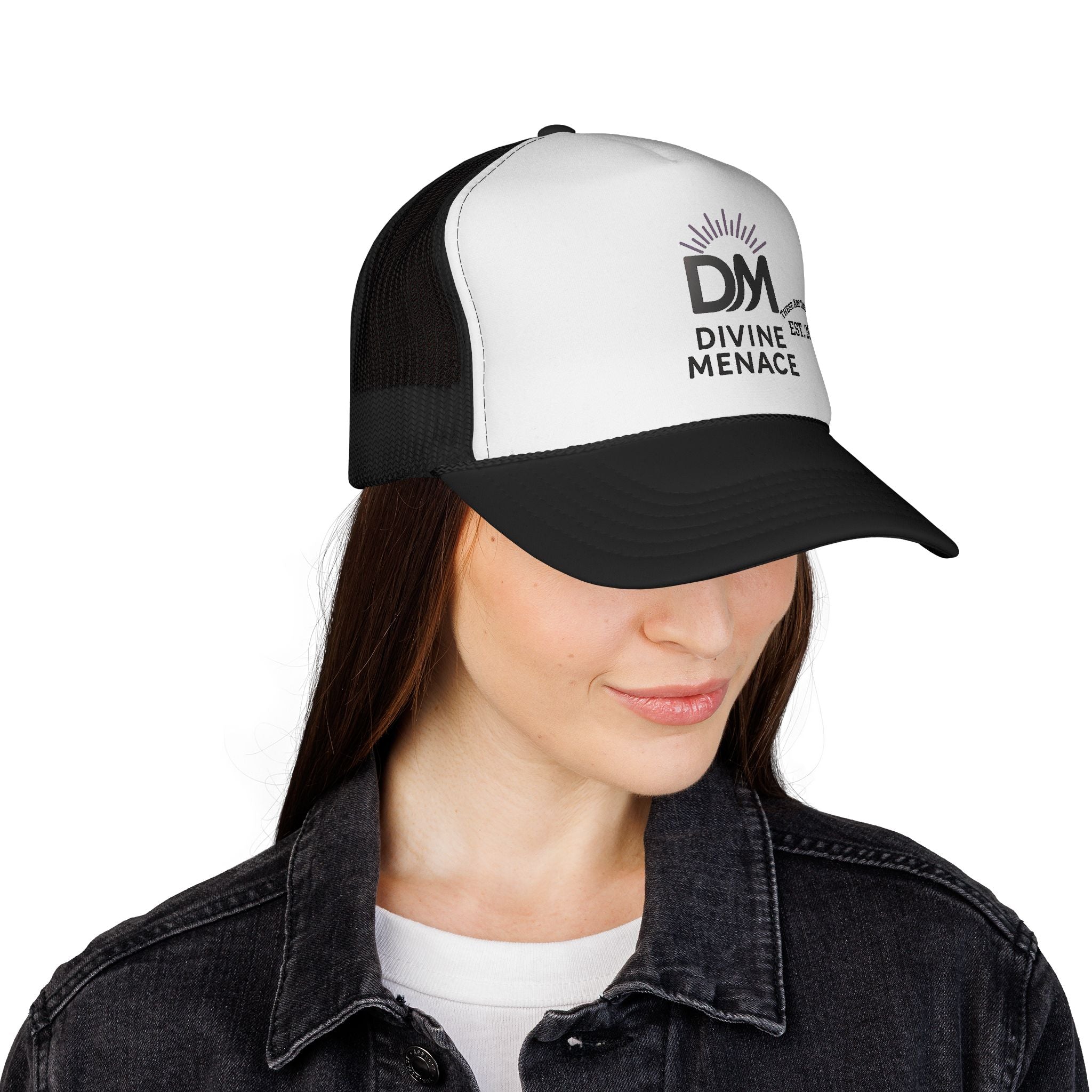 Divine Menace Trucker Cap - Bold Logo Hat, Unisex Streetwear Snapback, Festival & Everyday Essential