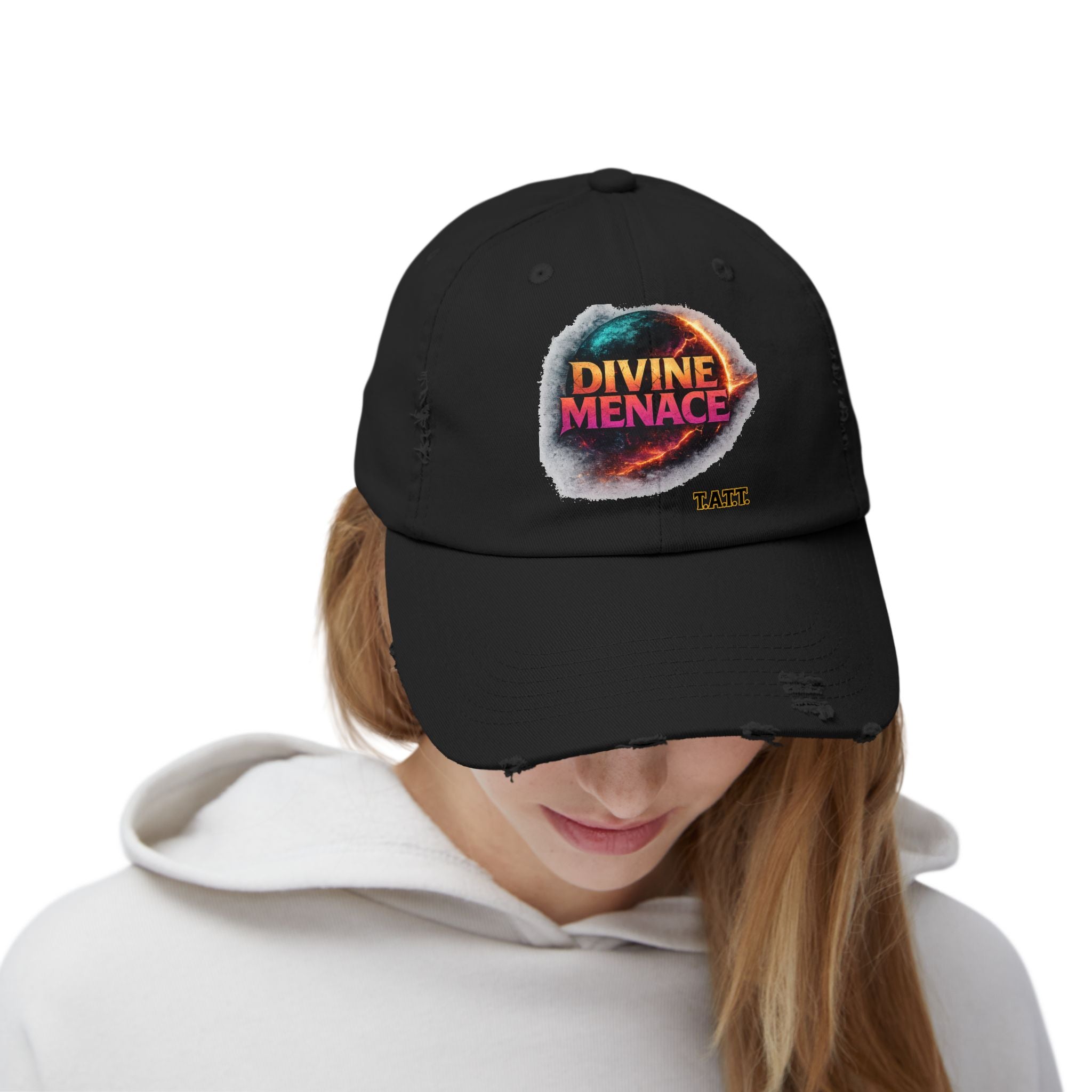 Divine Menace Distressed Cap — Retro Vintage Graphic Baseball Hat