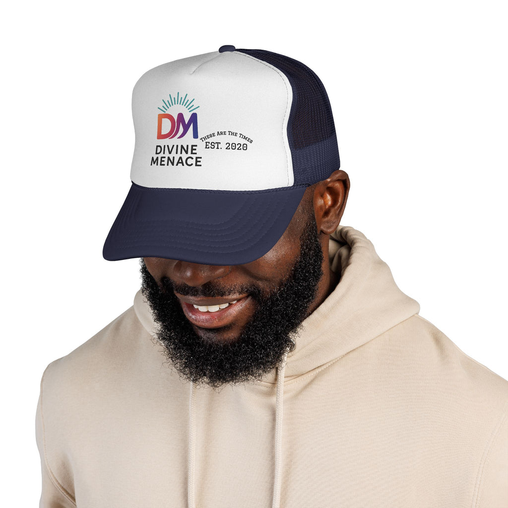 Divine Menace Trucker Cap - Bold Logo Hat, Unisex Streetwear Snapback, Festival & Everyday Essential
