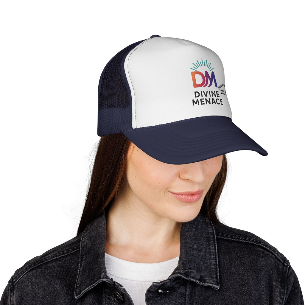 Divine Menace Trucker Cap - Bold Logo Hat, Unisex Streetwear Snapback, Festival & Everyday Essential