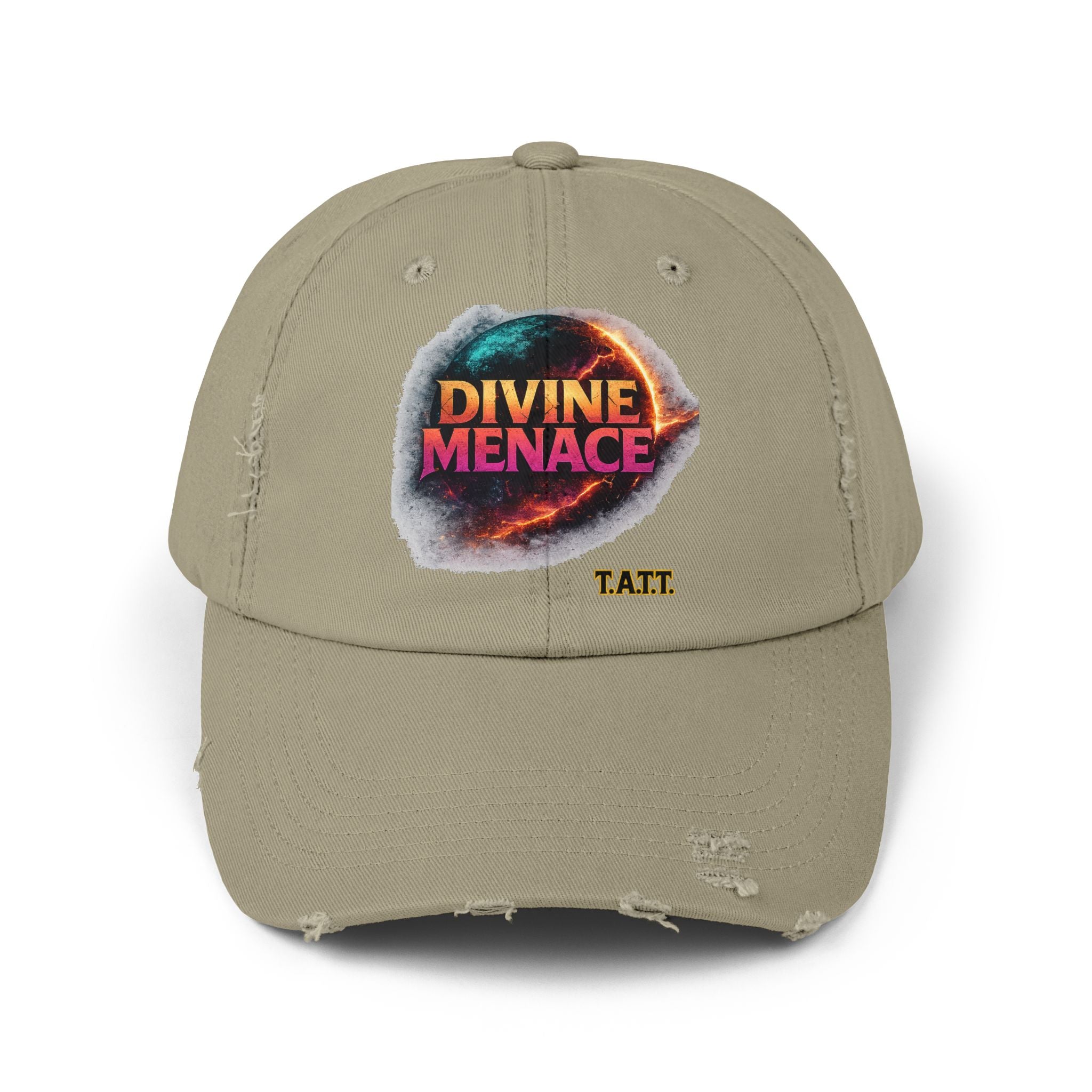 Divine Menace Distressed Cap — Retro Vintage Graphic Baseball Hat