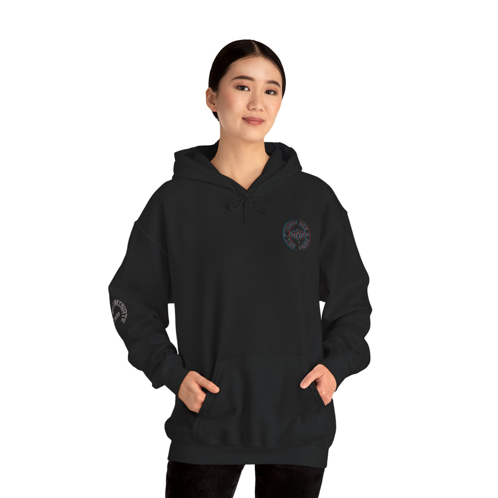 Divine Menace Hoodie - Unisex Heavy Blend Pullover, Cosmic Streetwear, Bold Alignment Drop
