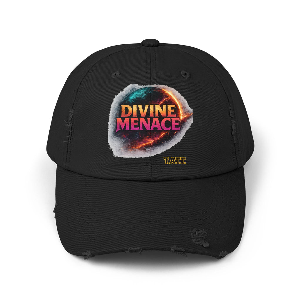 Divine Menace Distressed Cap — Retro Vintage Graphic Baseball Hat