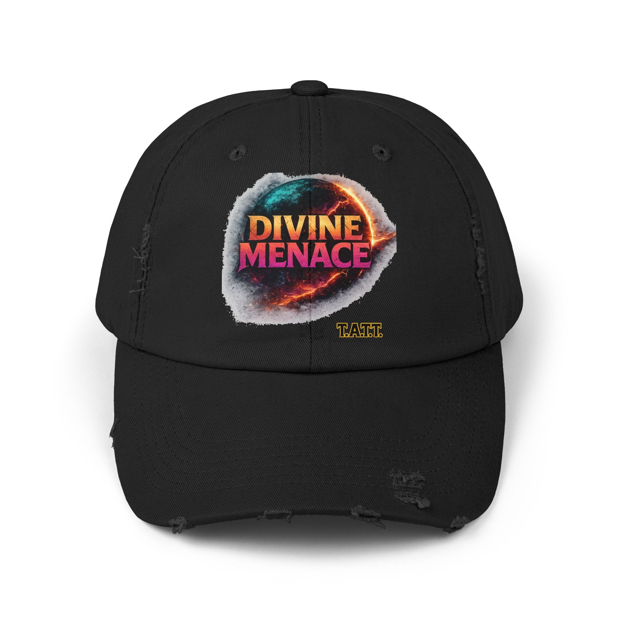 Divine Menace Distressed Cap — Retro Vintage Graphic Baseball Hat