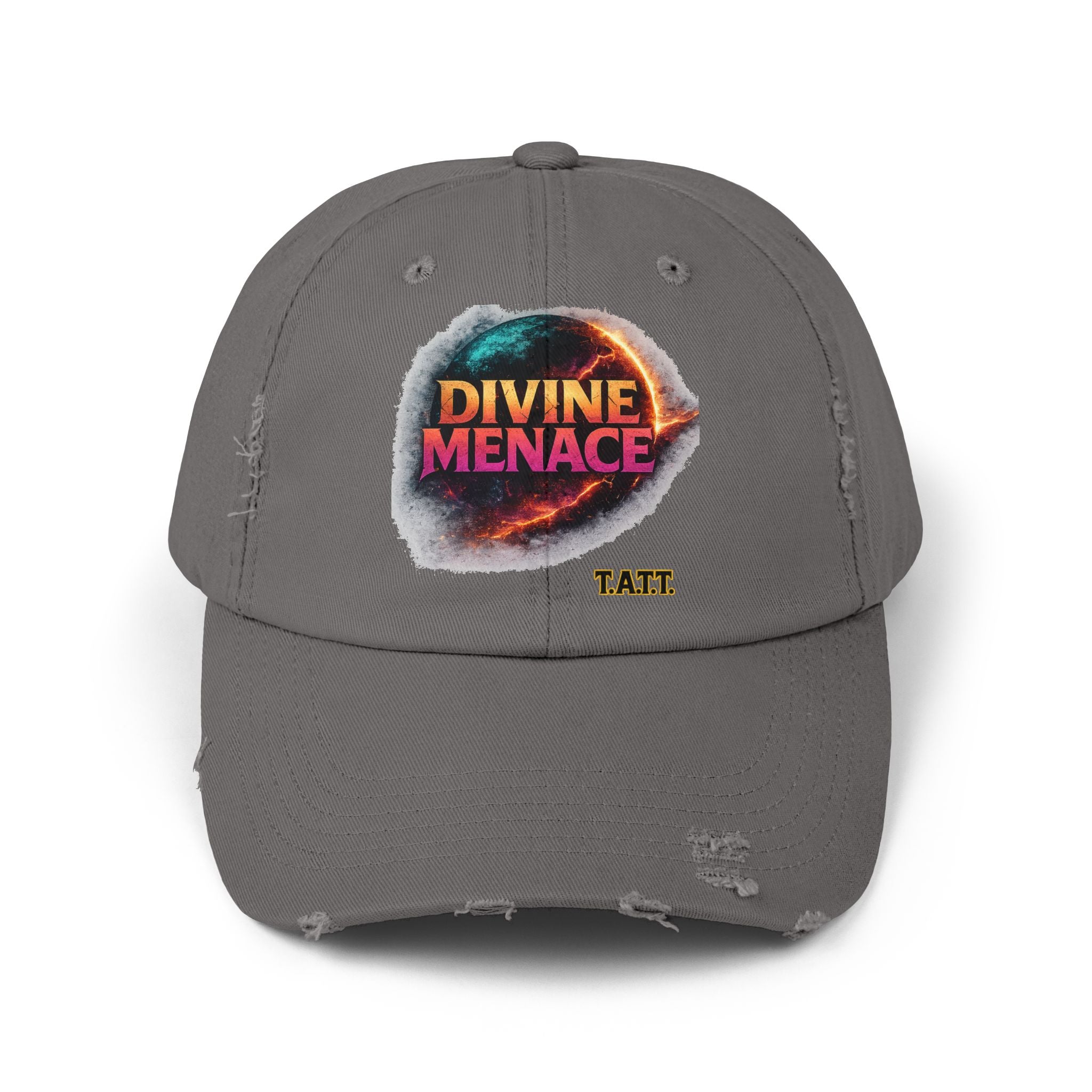 Divine Menace Distressed Cap — Retro Vintage Graphic Baseball Hat