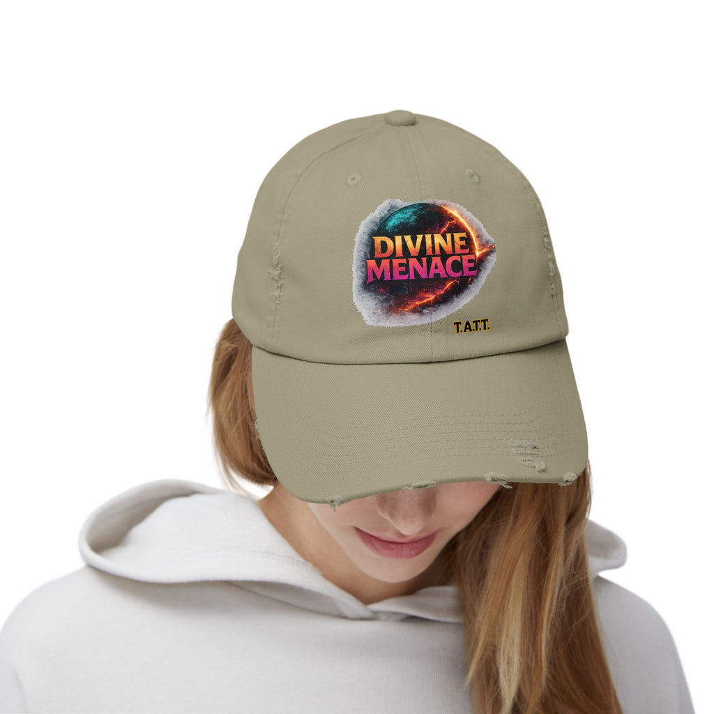 Divine Menace Distressed Cap — Retro Vintage Graphic Baseball Hat