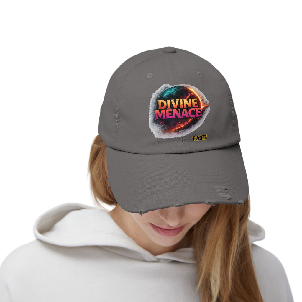 Divine Menace Distressed Cap — Retro Vintage Graphic Baseball Hat